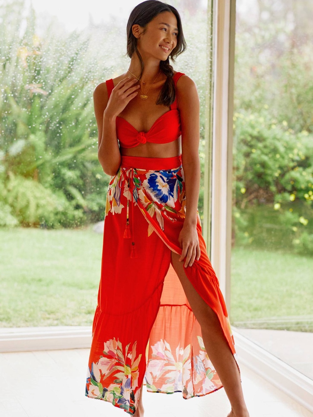 Maaji Vibrant Floral Red Maxi Wrap Skirt with Smocked Waist and Tassels Size L